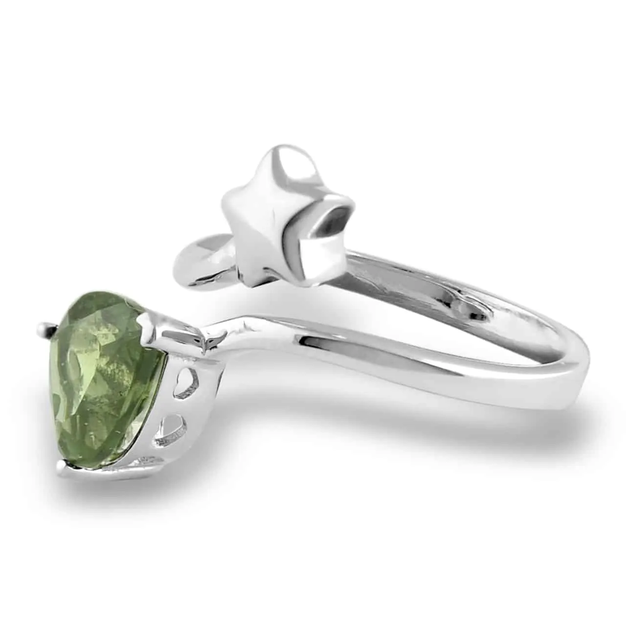 Starborn Faceted Moldavite Heart and Star Ring in Sterling Silver