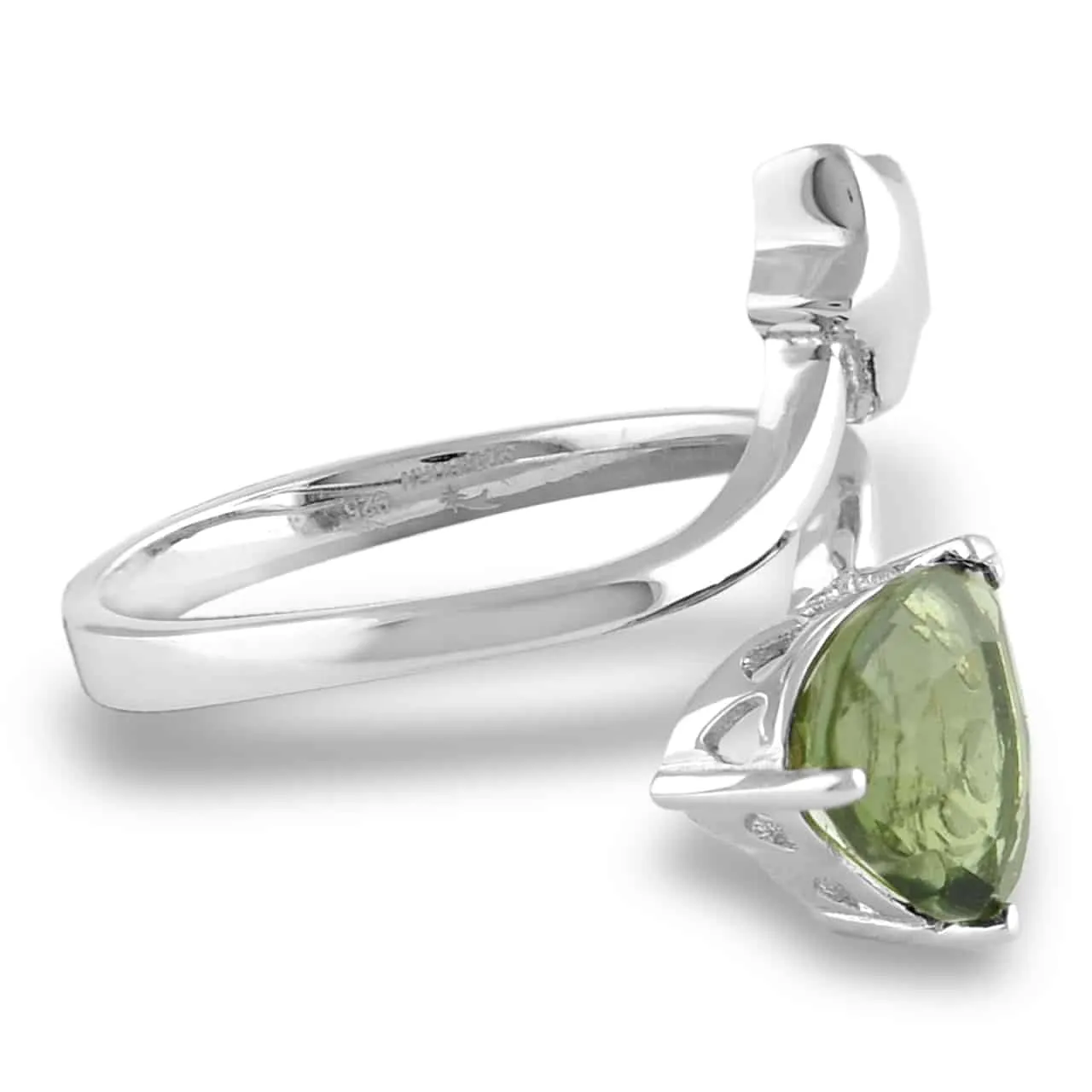 Starborn Faceted Moldavite Heart and Star Ring in Sterling Silver