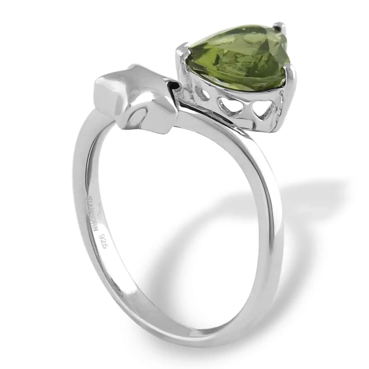 Starborn Faceted Moldavite Heart and Star Ring in Sterling Silver