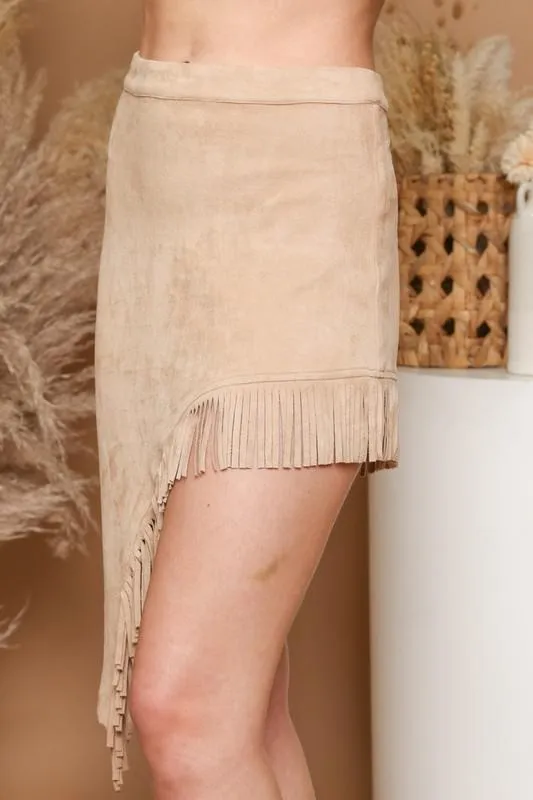 Suede Fringe Skirt Taupe