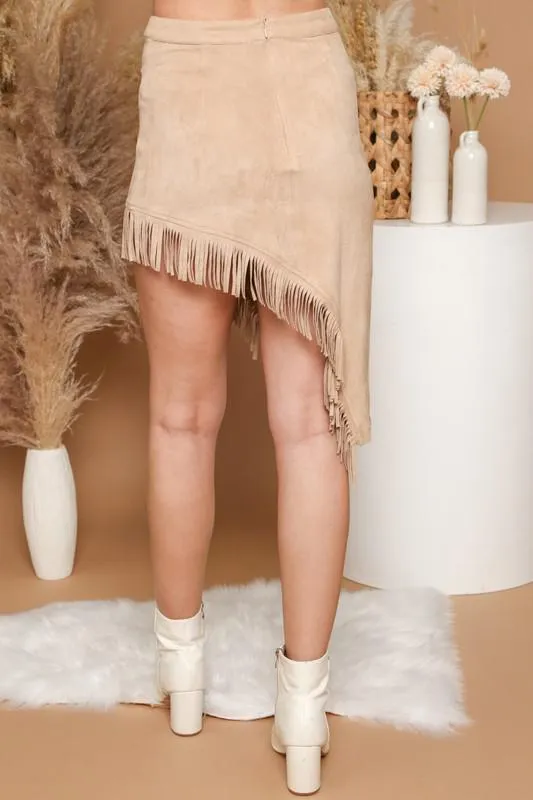 Suede Fringe Skirt Taupe