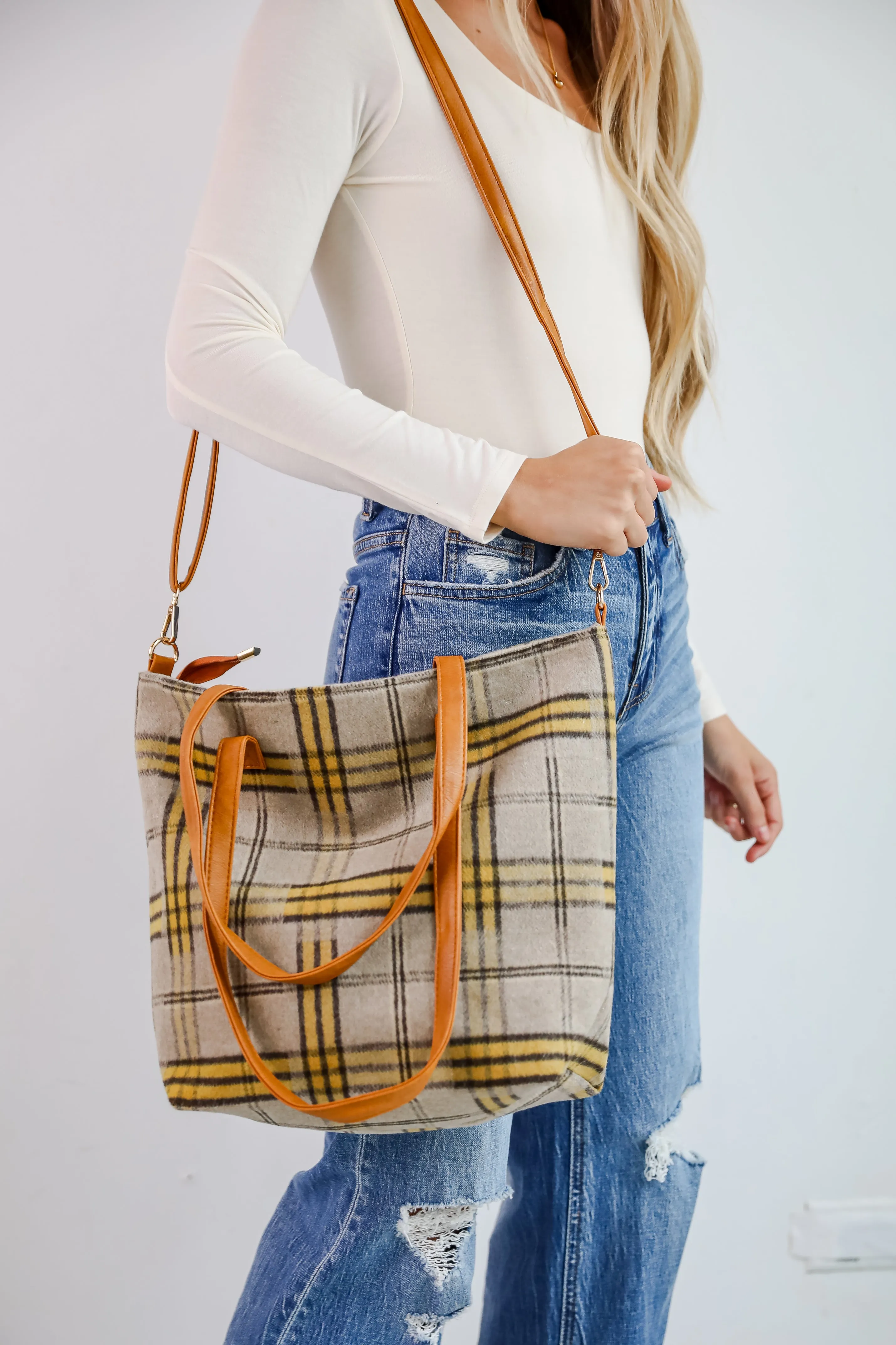 Tasteful Aesthetic Beige Plaid Tote Bag