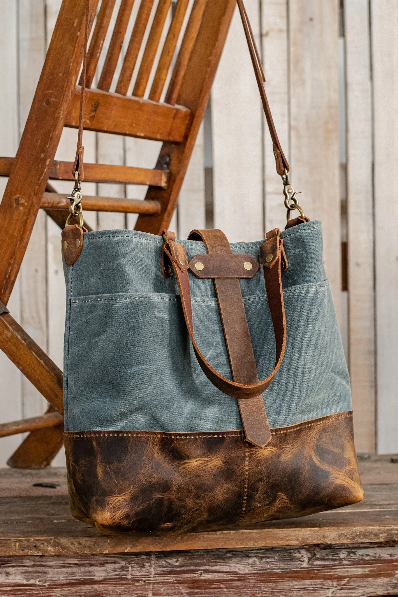 The ML Leather and Waxed Canvas Tote | Medium Tote | Made in USA | Extra Pockets