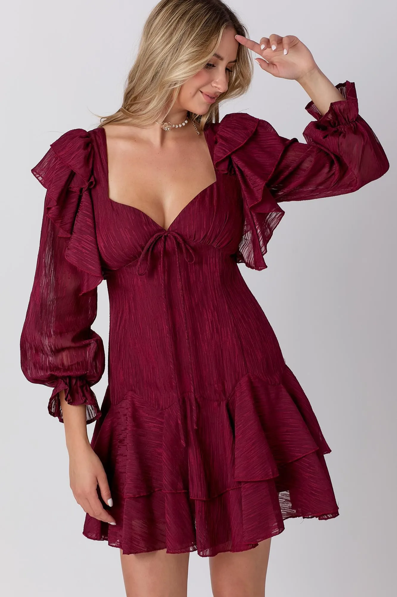 V-Neckline Wine Mini Dress