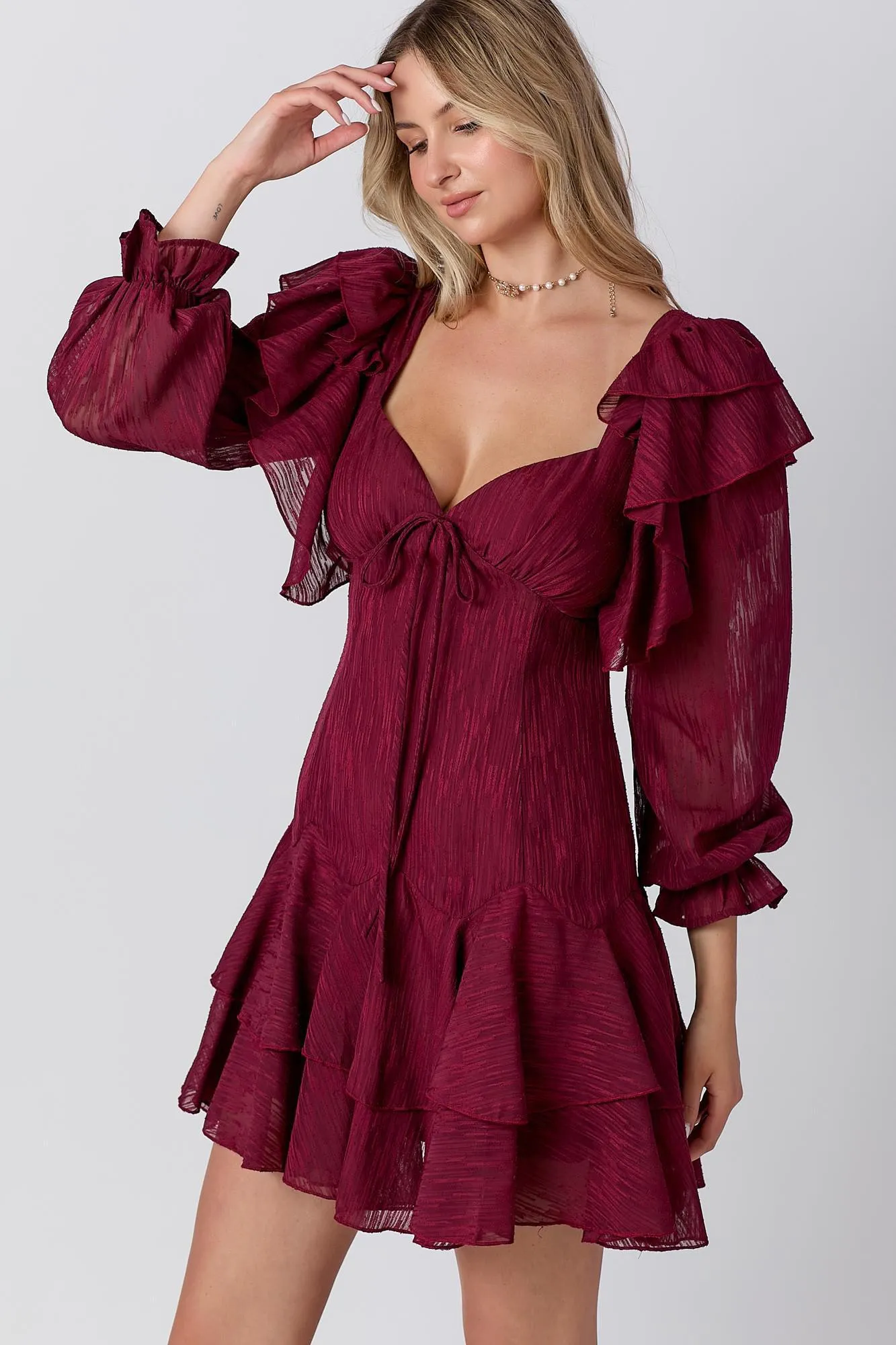 V-Neckline Wine Mini Dress