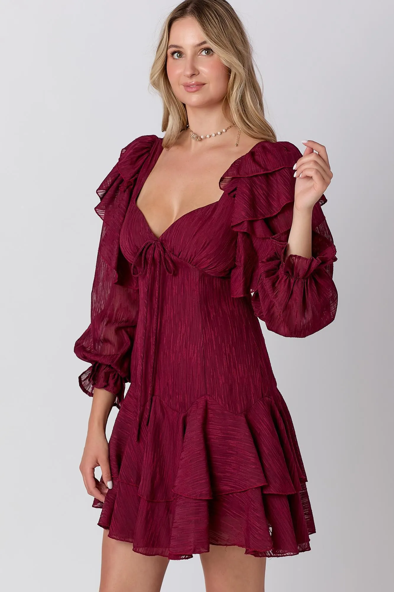 V-Neckline Wine Mini Dress