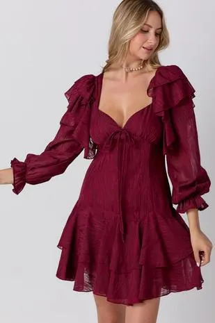 V-Neckline Wine Mini Dress