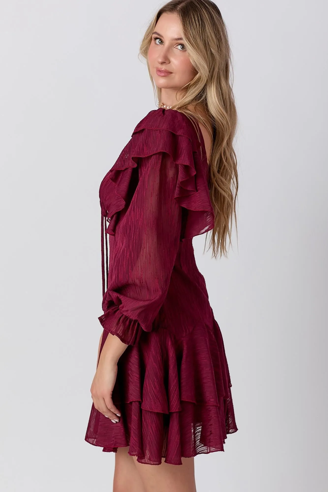 V-Neckline Wine Mini Dress