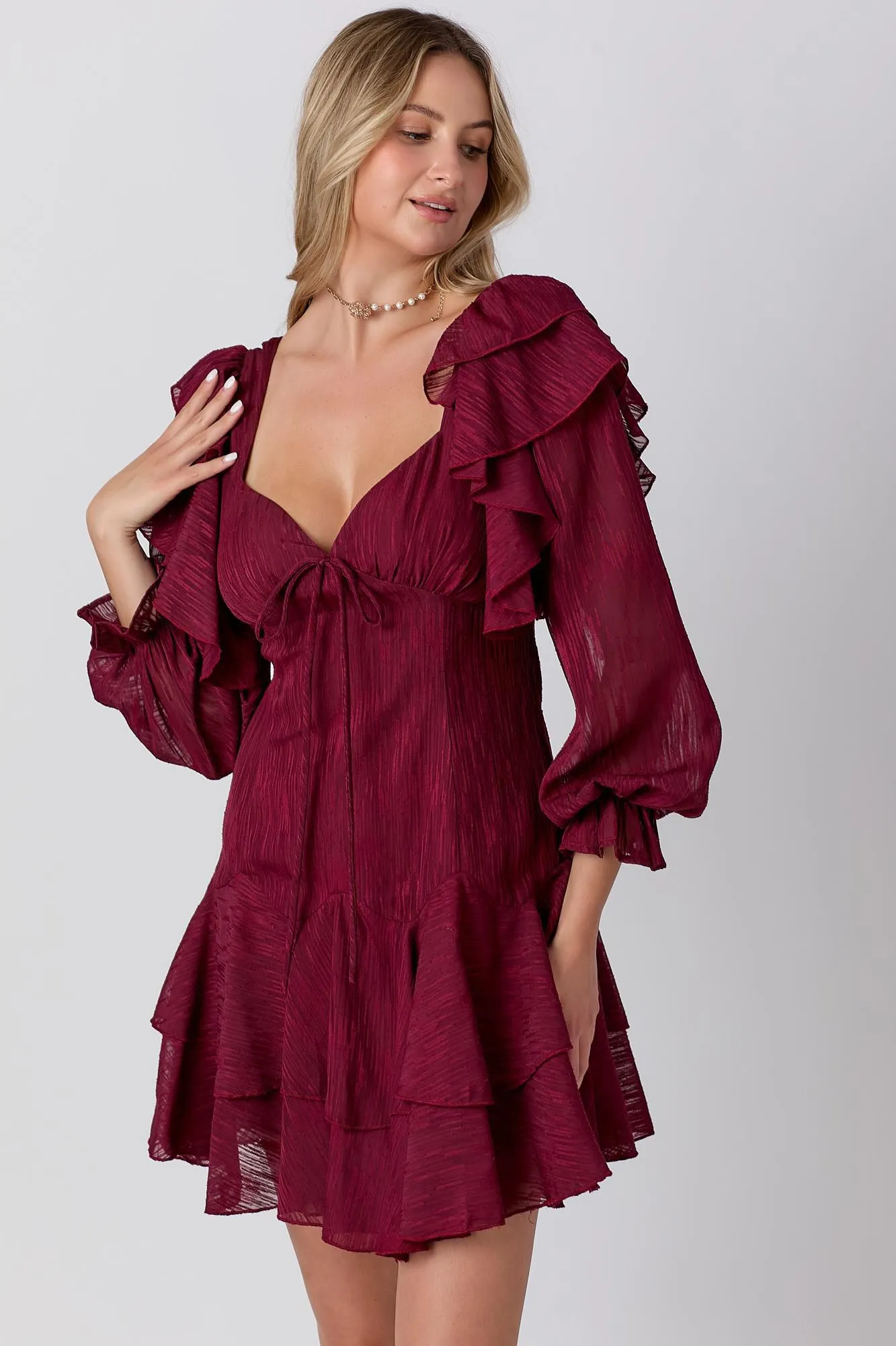 V-Neckline Wine Mini Dress