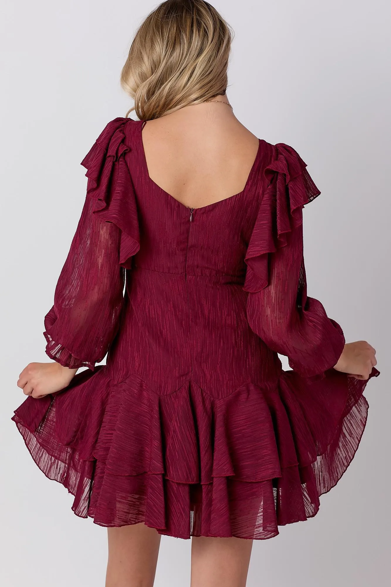 V-Neckline Wine Mini Dress