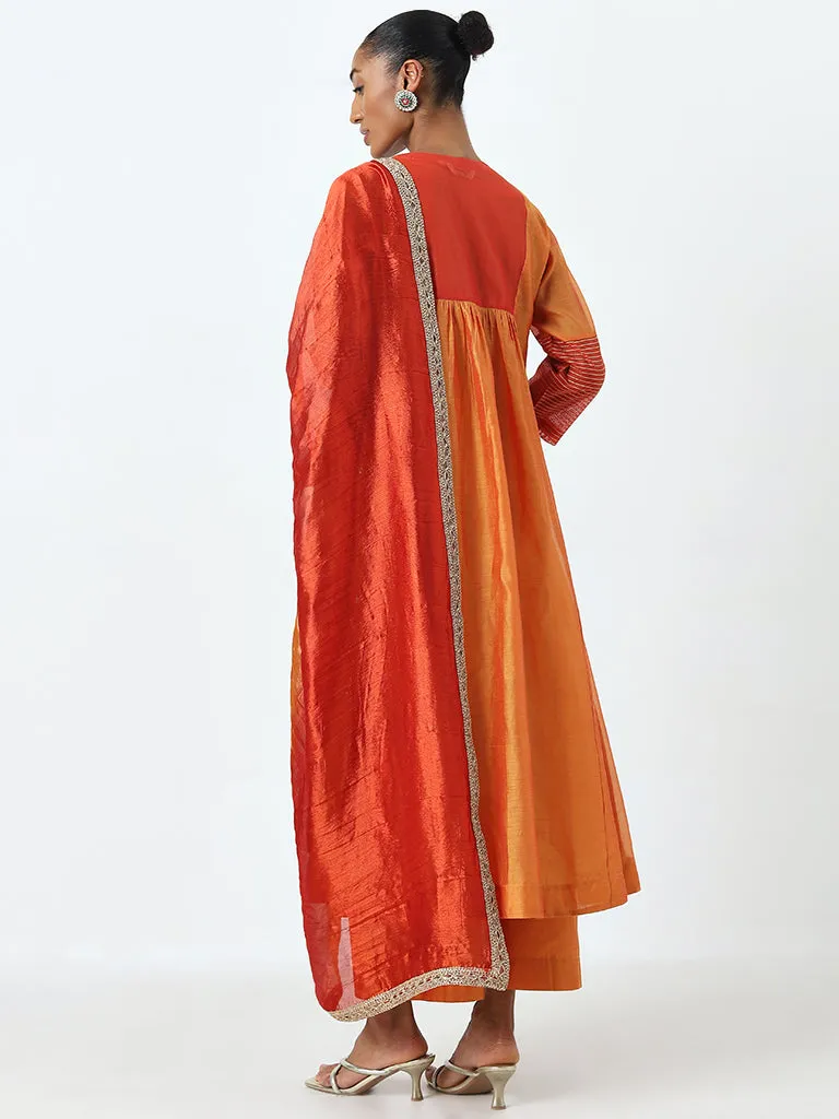 Vark Orange Zari Embroidered Kurta, Pants and Dupatta Set