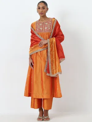 Vark Orange Zari Embroidered Kurta, Pants and Dupatta Set