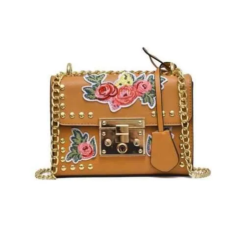 Vintage Floral Embroidery Patchwork Crossbody Bag - Brown