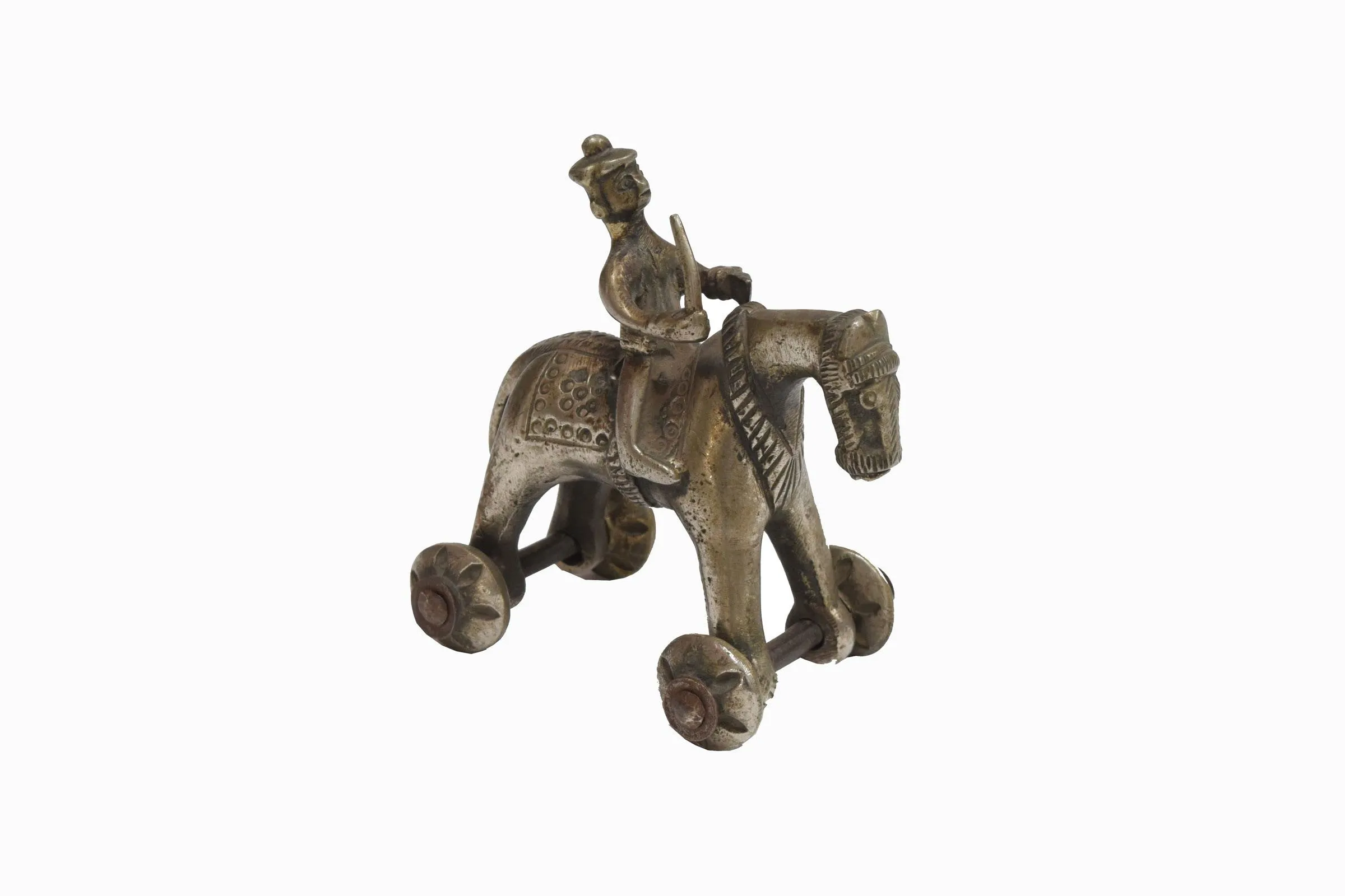 Vintage Indian brass horse and rider on wheels