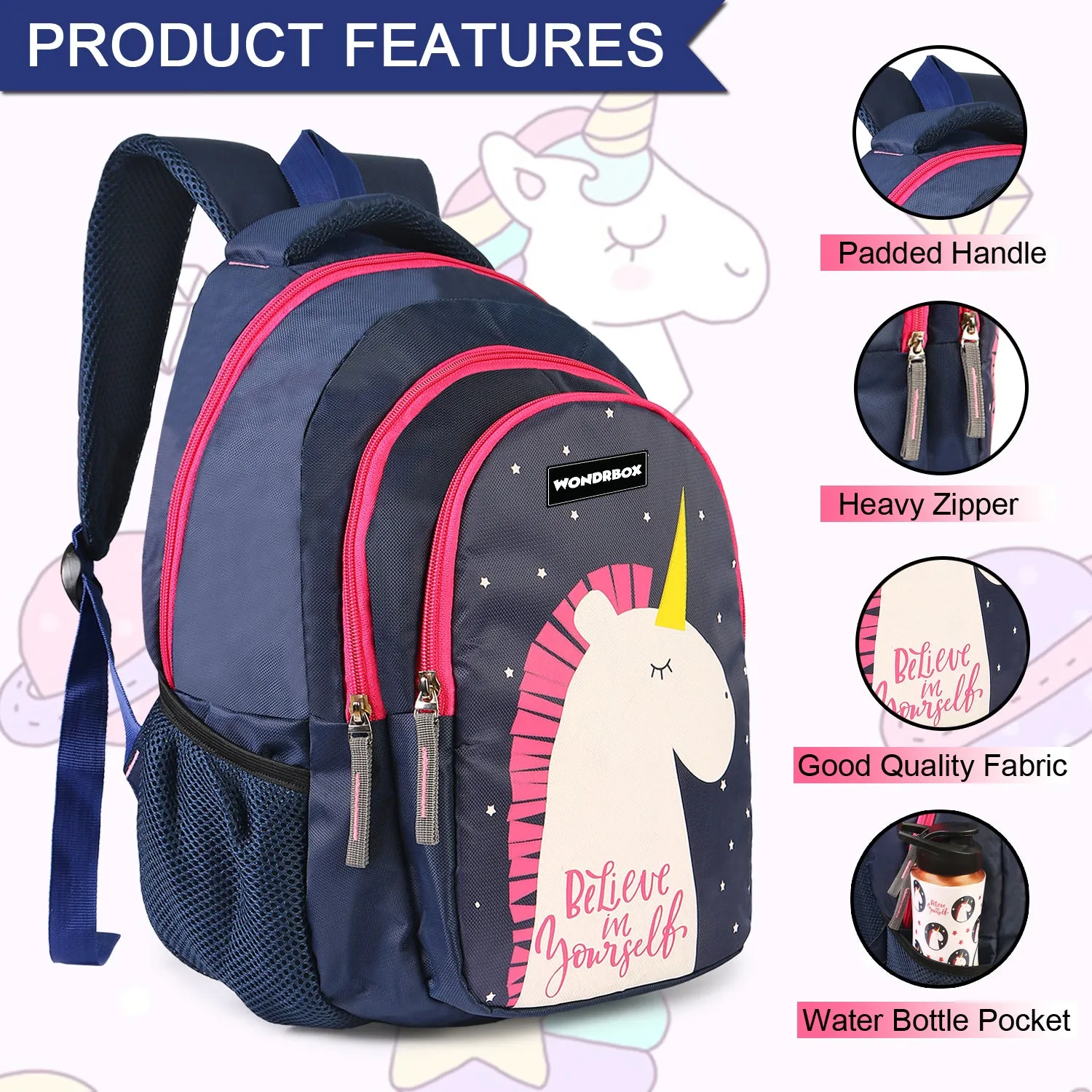 WONDRBOX 32 Litres Unicorn School Bag For Girls Age 8 and above