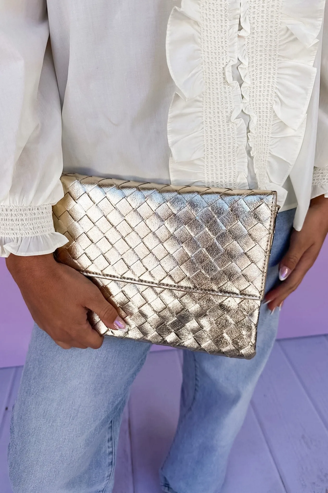 Woven Faux Leather Flap Bag Clutch/Crossbody in Gold