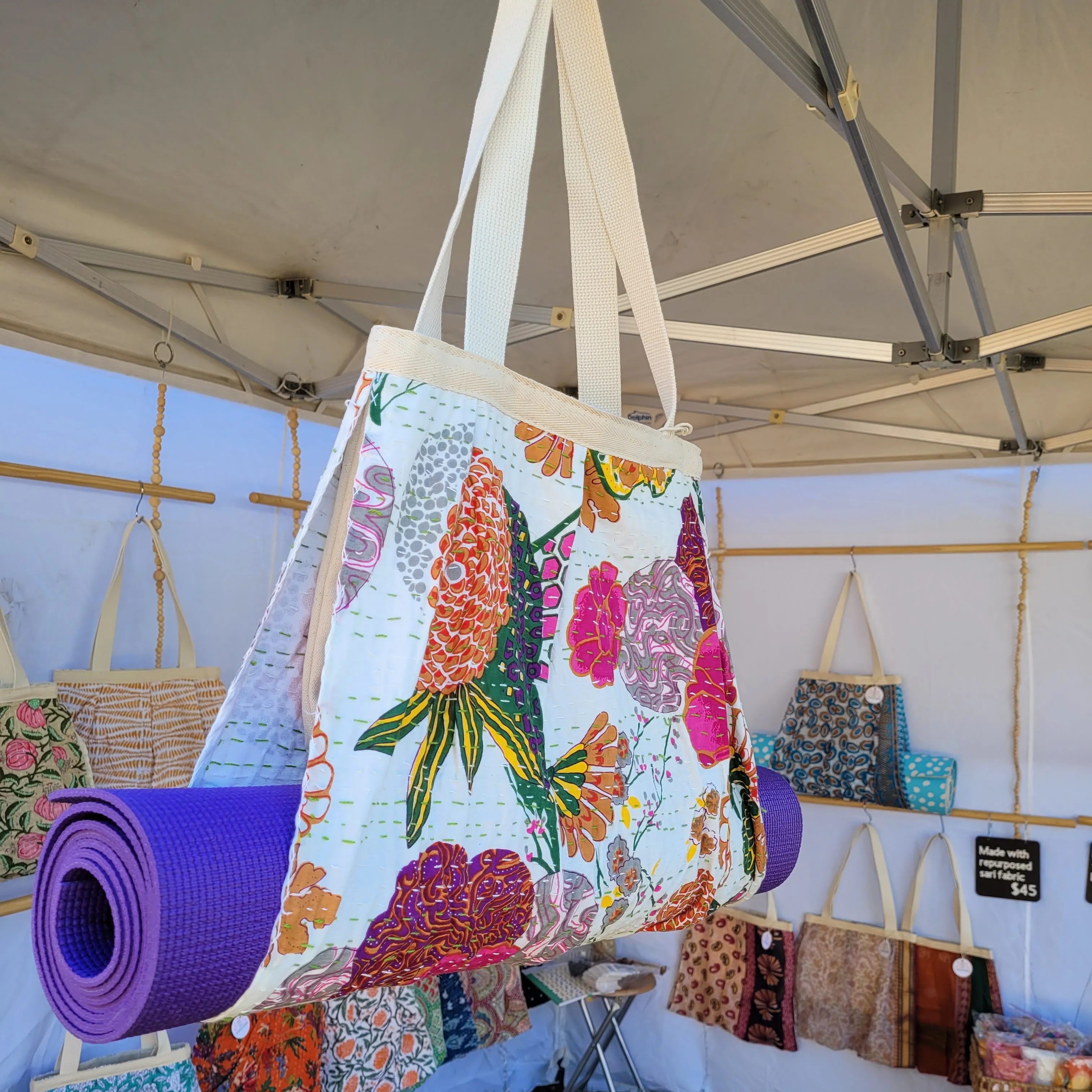 Yoga Mat Carrier | Kantha Quilt | White with Flowers